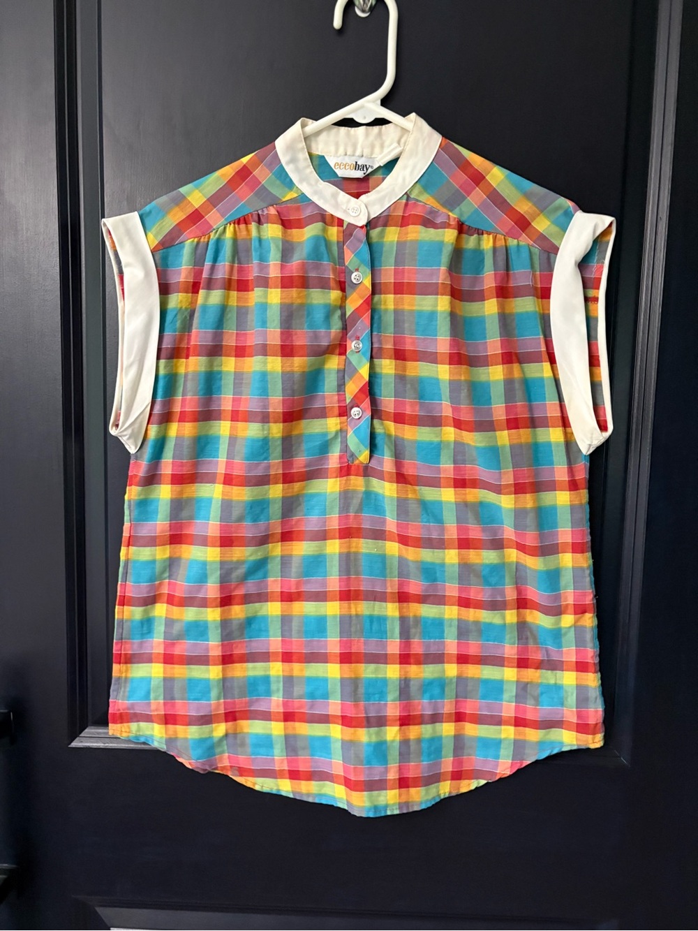 Ecco Rainbow Plaid Short Sleeve Blouse with Off-white Trim
